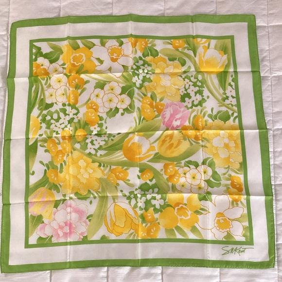 Avon Accessories - Avon Yellow, Green, Pink, Coral and White Water Repellent Scarf
27.5”- Square